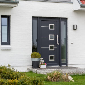 Dark composite door with glass panels either side