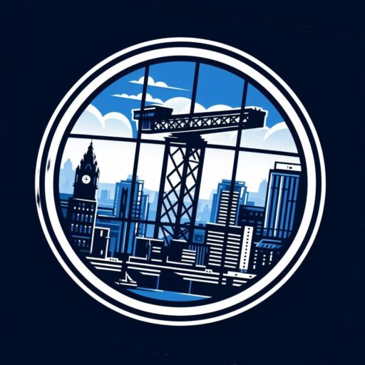 Navy blue logo featuring Glasgow skyline through circular window
